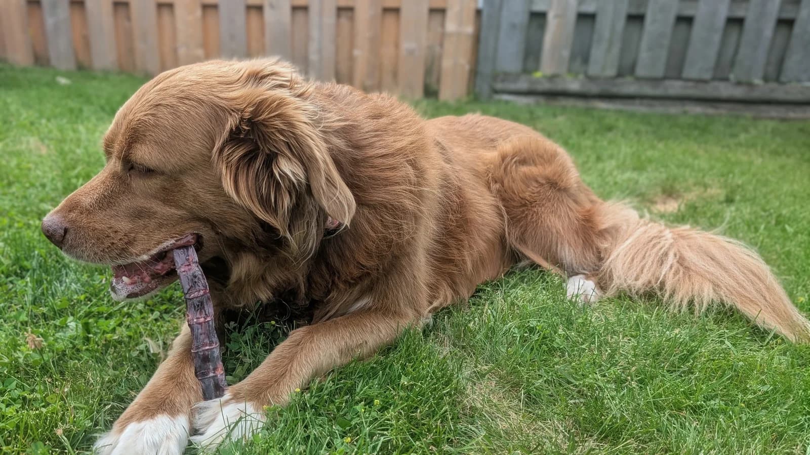 Mittens lying in the backyard grass mid-chew on a bully stick